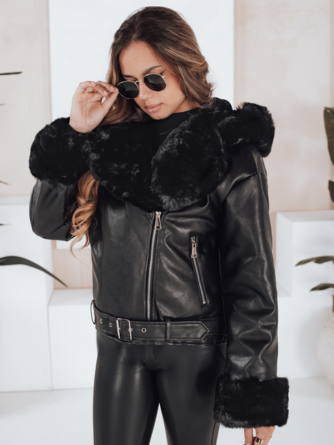 Női télikabát bőr ramoneskin szőrmével fekete Dstreet TY5119