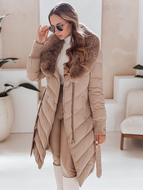 Női téli kabát steppelt szőrmével camel Dstreet TY5077