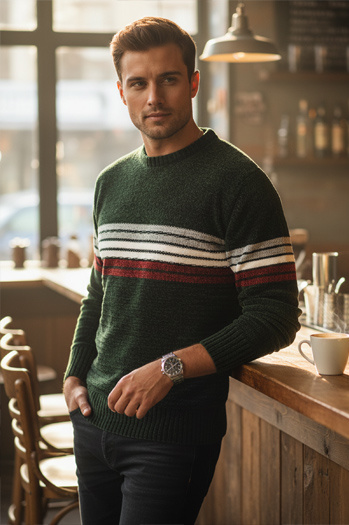 Férfi csíkos zöld pulóver Dstreet WX2280