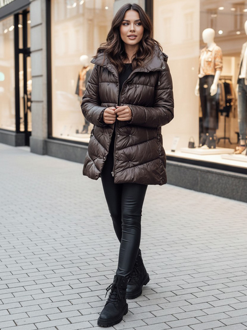 Női steppelt télikabát kapucnival BLOOM mokka Dstreet TY4517z