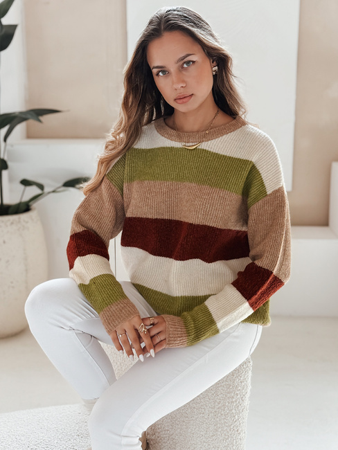 Női csíkos pulóver CALVENA camel zöld Dstreet MY2559