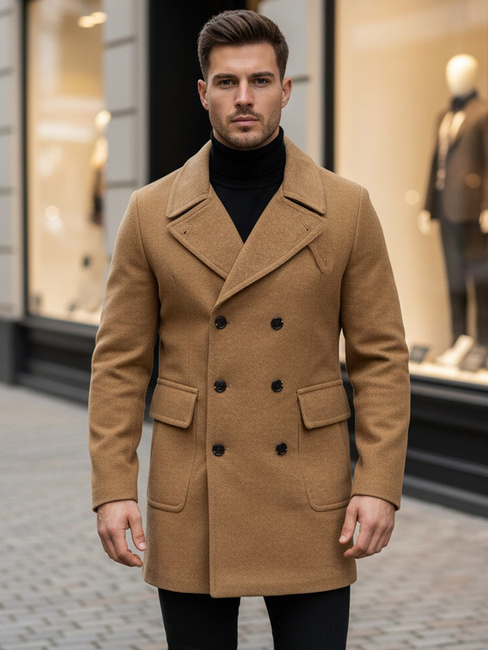 Téli kétsoros férfi kabát camel színben CX0362