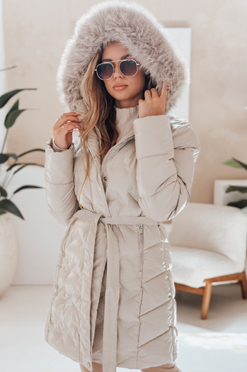 Női télikabát CASSERIE steppelt kapucnis világos bézs Dstreet TY4926