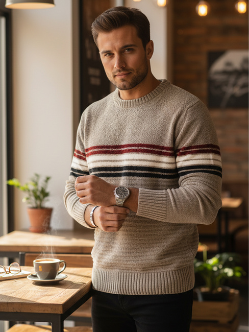 Férfi csíkos pulóver világos barna Dstreet WX2282