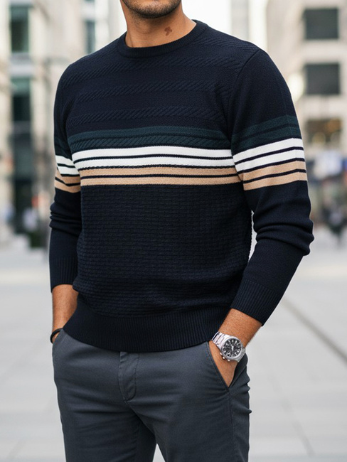 Férfi csíkos sötétkék pulóver Dstreet WX2323