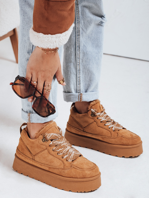 Női szőrös platform tornacipő camel Dstreet ZY1068 ZY1068