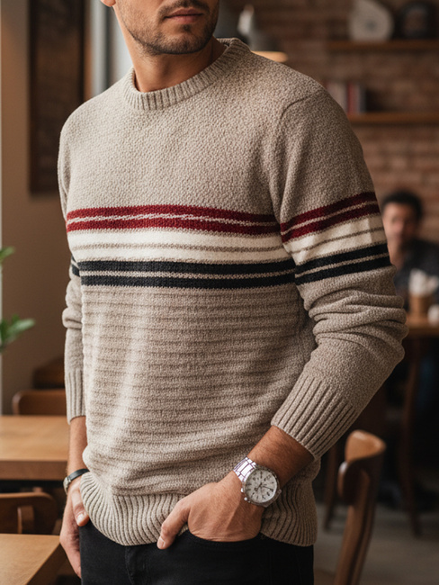 Férfi csíkos pulóver világos barna Dstreet WX2282