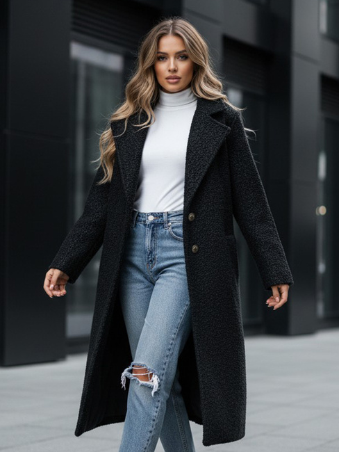 Női hosszú báránybőr kabát fekete Dstreet NY0754z