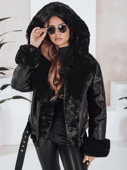 Női télikabát bőr ramoneskin szőrmével fekete Dstreet TY5119