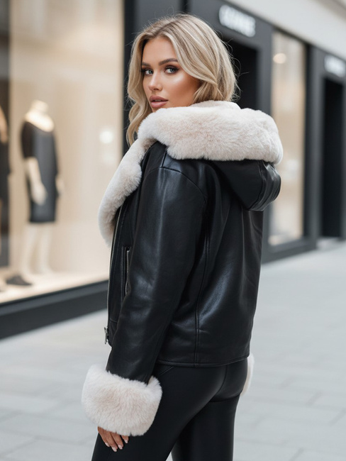 Női télikabát bőr ramoneskin szőrmével fekete Dstreet TY5118z