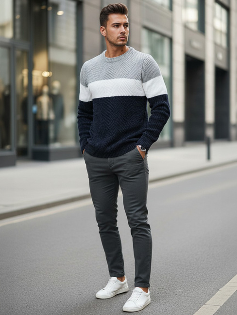 Férfi pulóver kerek nyakkivágással szürke tengerészkék Dstreet WX2320