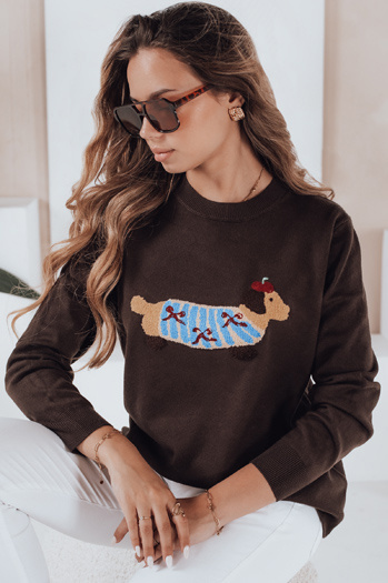 Női pulóver kutyás applikációval CHICPAWS barna Dstreet MY2544