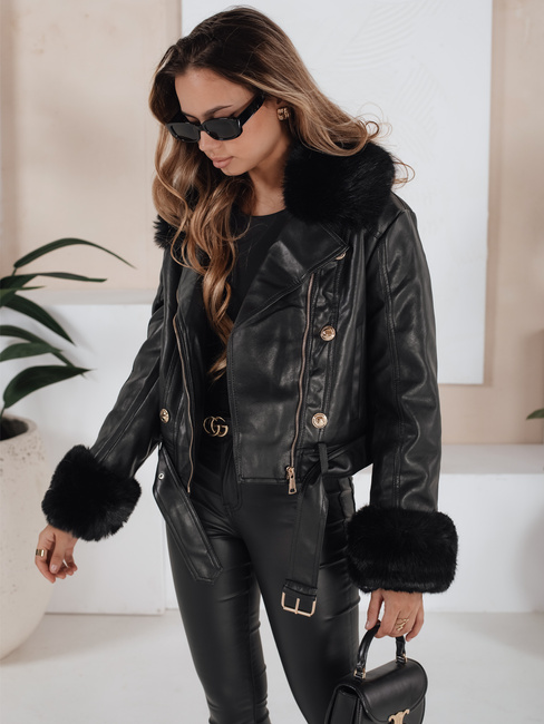 Női téli bőrdzseki műszőrmével fekete Dstreet TY5209 TY5209