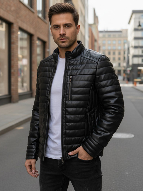 Férfi steppelt téli bőrdzseki fekete Dstreet TX5113