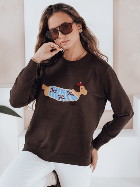 Női pulóver kutyás applikációval CHICPAWS barna Dstreet MY2544