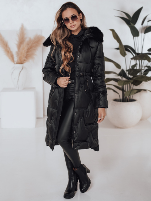 Női téli hosszú steppelt dzseki műszőrmével fekete Dstreet TY5072