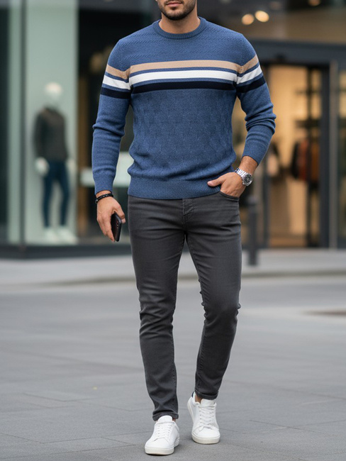 Férfi csíkos kék pulóver Dstreet WX2336