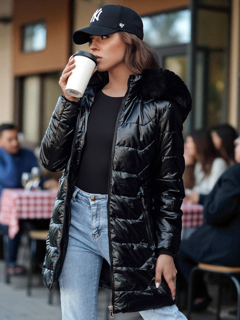 Női steppelt télikabát szőrmével SHINE fekete Dstreet TY4483