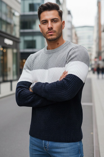Férfi pulóver kerek nyakkivágással szürke tengerészkék Dstreet WX2320