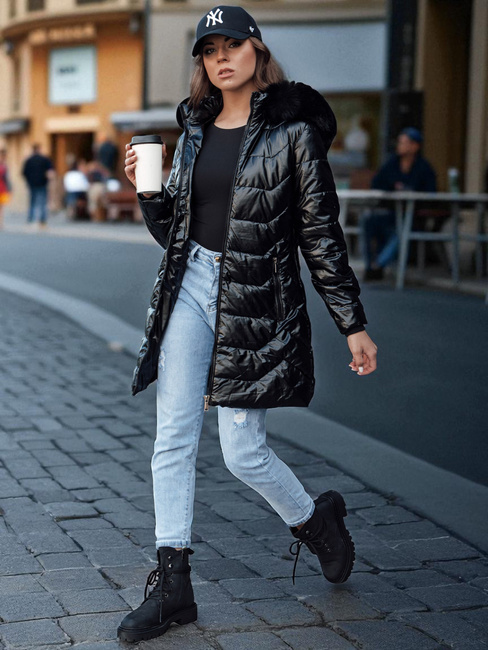 Női steppelt télikabát szőrmével SHINE fekete Dstreet TY4483