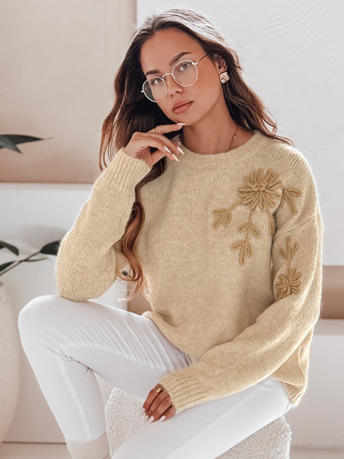 Női pulóver virágos applikációval GIRLHERBAL krém Dstreet MY2546