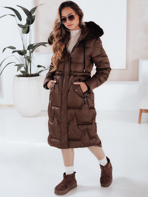 Női téli hosszú steppelt kabát szőrmével barna Dstreet TY5074