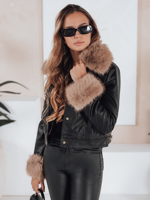 Női bőr ramones dzseki szőrmével fekete Dstreet TY5206