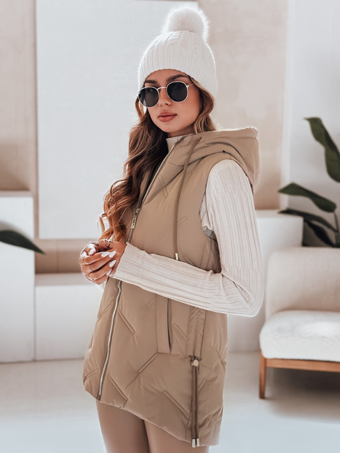 Női steppelt kapucnis mellény camel színben Dstreet TY5107