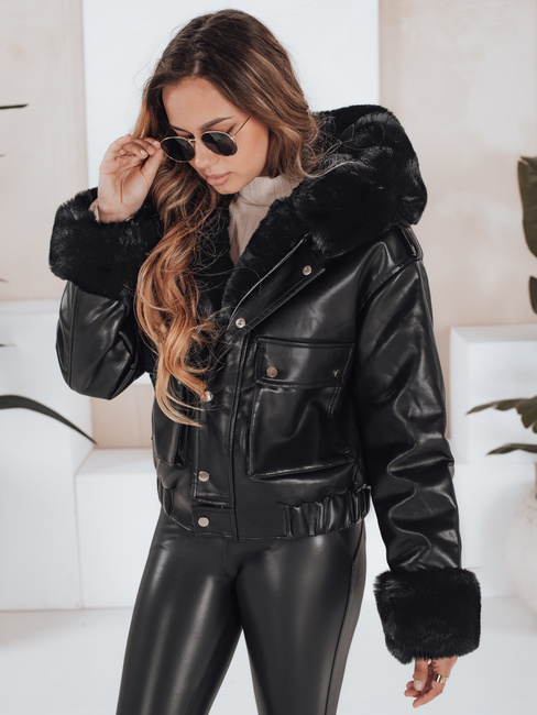 Női bőrdzseki műszőrmével fekete Dstreet TY5128