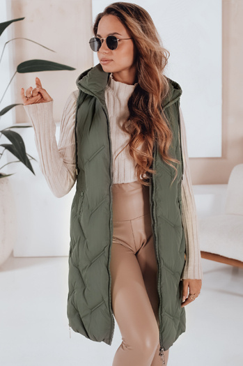 Női hosszú, steppelt mellény kapucnival zöld Dstreet TY5097