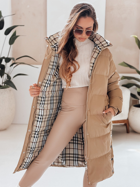WINTERMISS női téli hosszú steppelt kabát kapucnival sötét bézs Dstreet TY4966