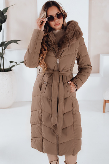 Női téli hosszú steppelt kabát szőrmével camel Dstreet TY5086
