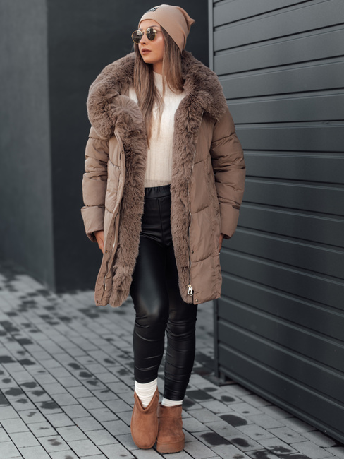 Női télikabát MORISIO hosszú steppelt kapucnival sötét bézs Dstreet TY4701