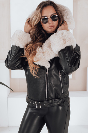 Női télikabát bőr ramoneskin szőrmével fekete Dstreet TY5118