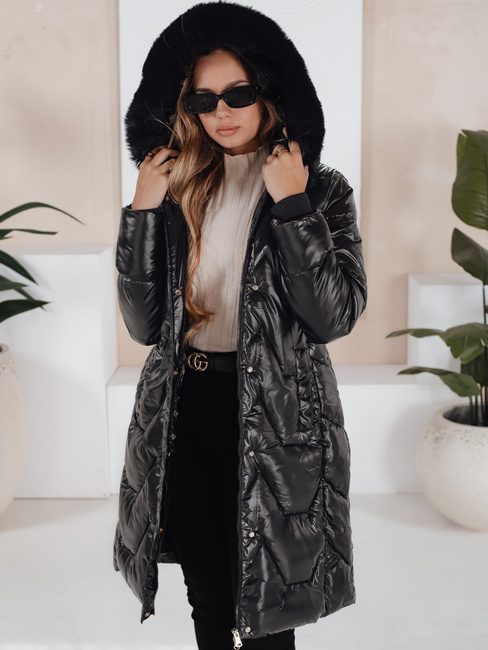 Női téli dzseki ELECIO hosszú steppelt kapucnival fekete Dstreet TY5178