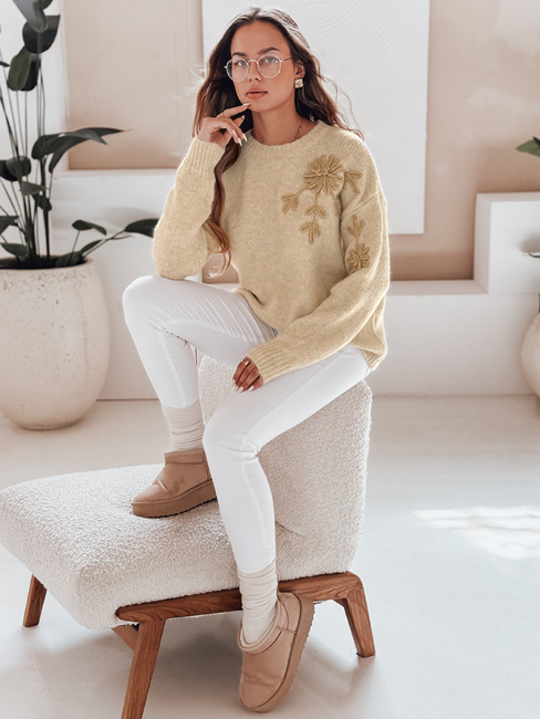 Női pulóver virágos applikációval GIRLHERBAL krém Dstreet MY2546