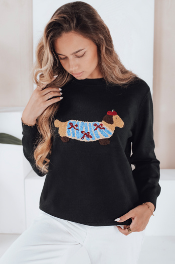 Női pulóver kutyás applikációval CHICPAWS fekete Dstreet MY2541