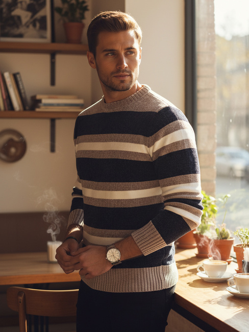 Férfi csíkos, sötétkék pulóver Dstreet WX2263