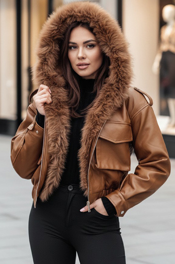 Női bőrdzseki szőrmével SOFTREBEL barna Dstreet TY4761z