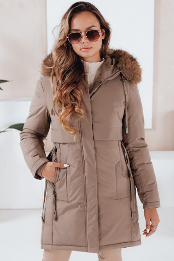 Női téli parka kabát kapucnival sötét bézs Dstreet TY5084