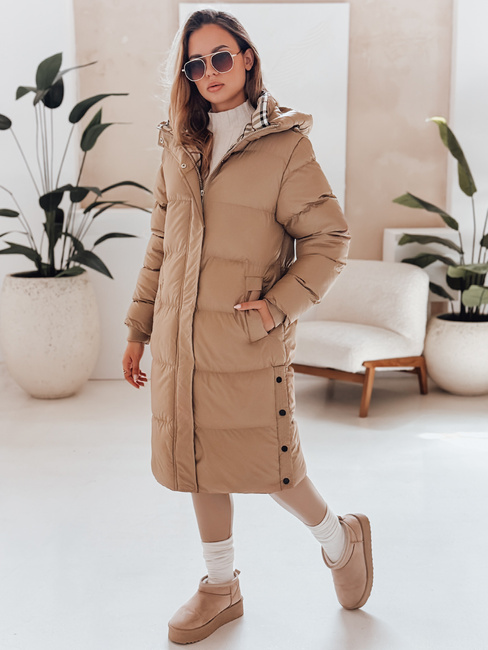 WINTERMISS női téli hosszú steppelt kabát kapucnival sötét bézs Dstreet TY4966