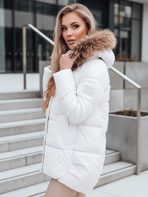 Női steppelt téli kabát kapucnival világos bézs Dstreet TY5507