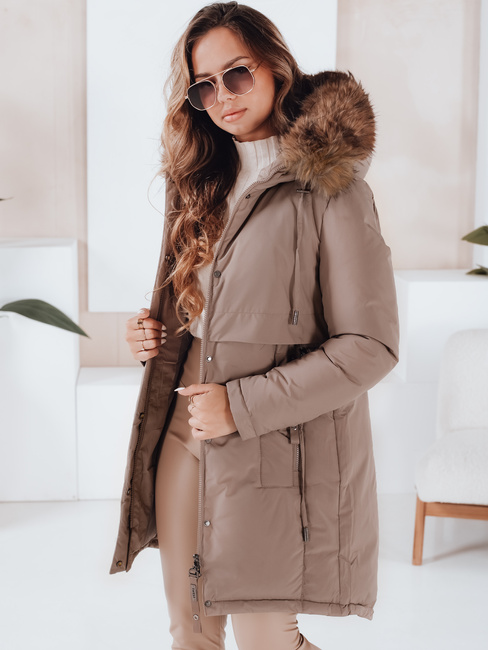 Női téli parka kabát kapucnival sötét bézs Dstreet TY5084