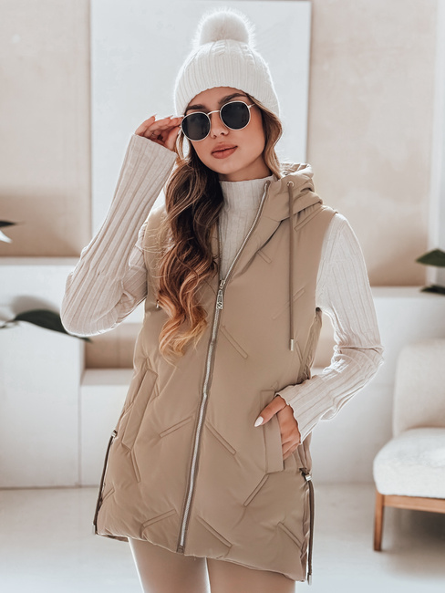Női steppelt kapucnis mellény camel színben Dstreet TY5107
