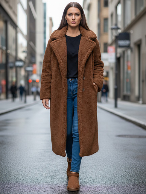 Női télikabát teddy szőrme hosszú camel Dstreet NY0759z