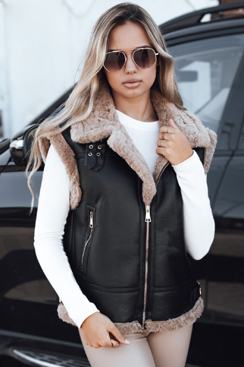 Női bőr mellény báránybőrrel fekete Dstreet TY5251