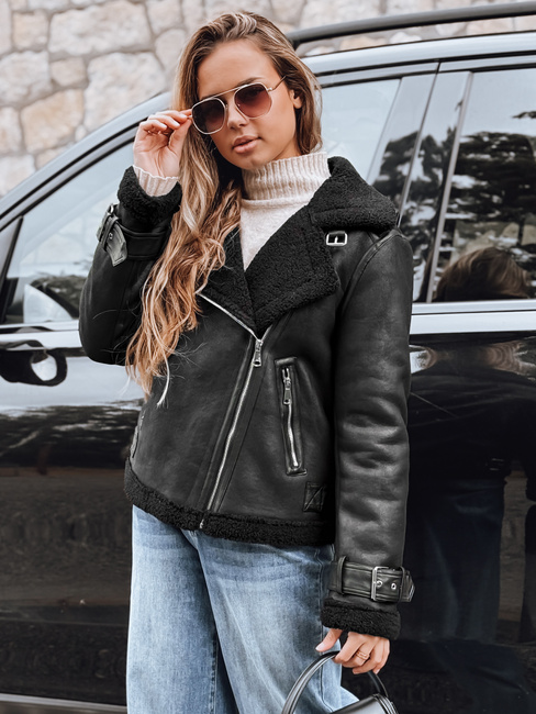 Női ramones dzseki báránybőrrel fekete Dstreet TY5239