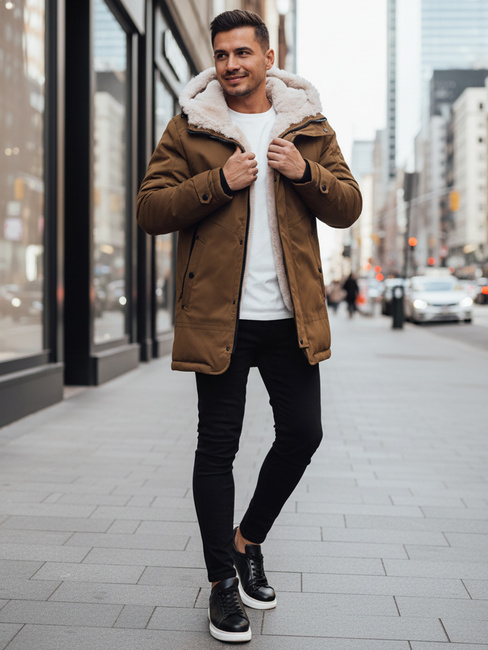 Férfi téli parka kabát kapucnival sötét bézs Dstreet TX4964z