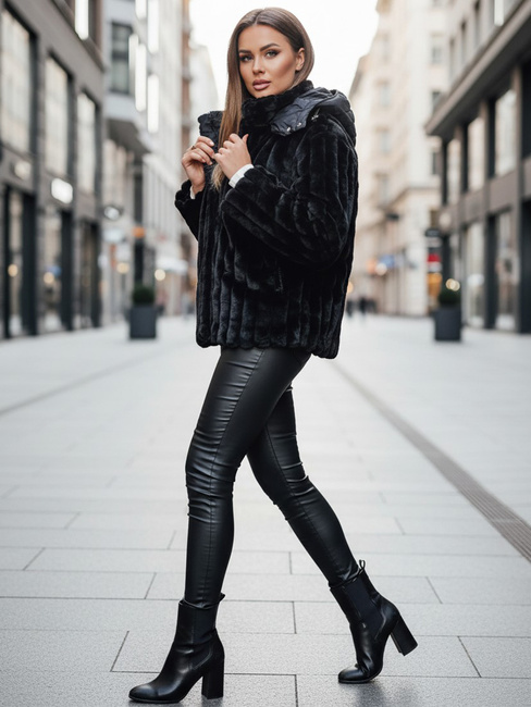 Női szőrme kabát kapucnival fekete Dstreet TY5276z