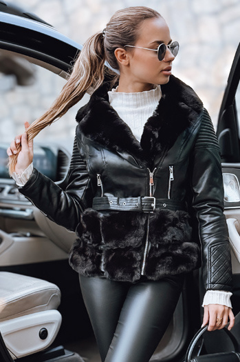 Női bőr ramones dzseki szőrmével fekete Dstreet TY5274